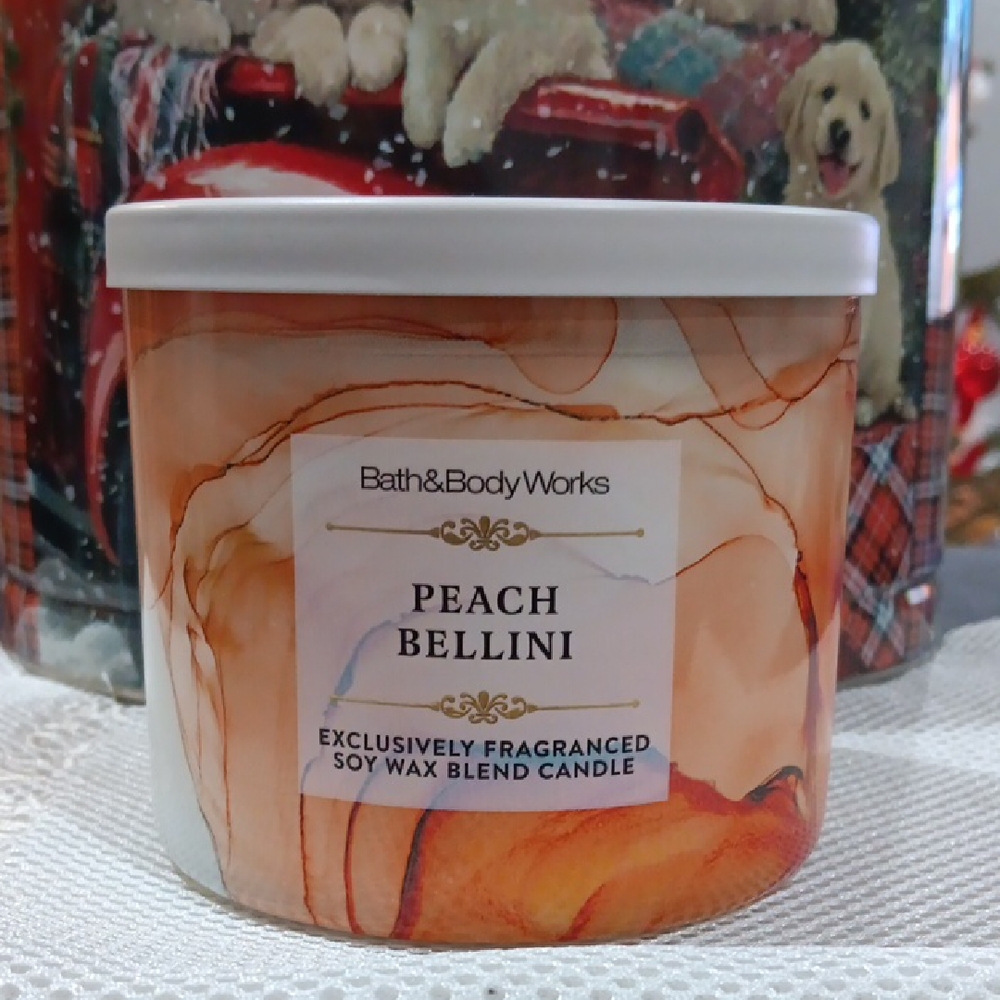 Bath & Body Works Peach Bellini Soy Candle - Orange and White